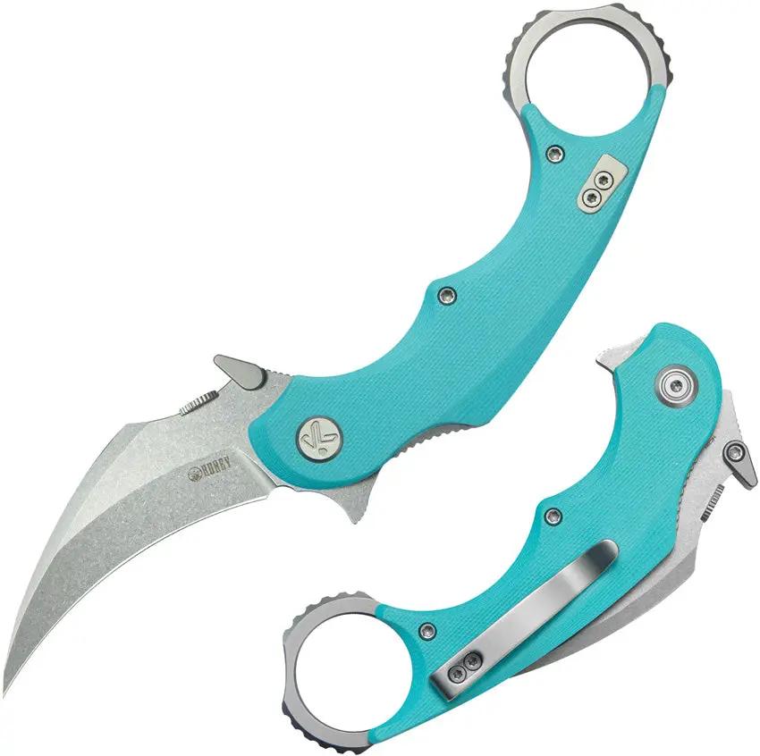 Kubey Rogue Pikal Karambit Linerlock KU298C - Tiffany Blue G10 Handle, 3in Stonewashed 14C28N Karambit Blade by Kubey