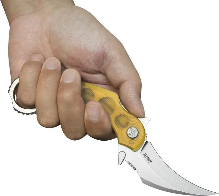 Kubey Rogue Pikal Karambit Linerlock KU298G - 3 Inch Stonewash 14C28N Sandvik Stainless Blade Ultem Handle by Kubey