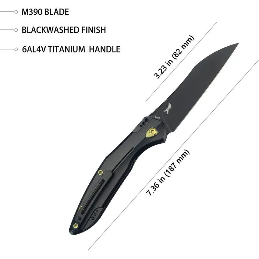 Kubey Barracuda Linerlock Knife - Black Bohler M390 Blade, Titanium Handle, Extended Tang by Kubey