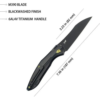 Kubey Barracuda Linerlock Knife - Black Bohler M390 Blade, Titanium Handle, Extended Tang by Kubey