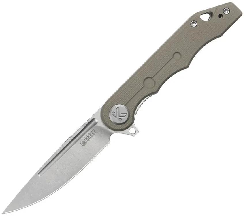 Kubey Mizo Linerlock Knife - Stonewash 14C28N Sandvik Stainless Blade Khaki G10 Handle 4 Inch Closed by Kubey