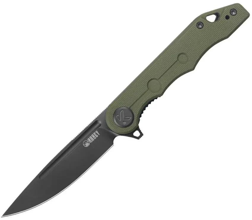 Kubey Mizo Linerlock Folding Knife Black Stonewash Blade 14C28N Sandvik Stainless OD Green G10 Handle - Extended Tang by Kubey