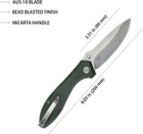 Kubey Ruckus Linerlock Grn Mic KU314N - Green Canvas Micarta Handle, 3.5 Inch AUS-10A Stonewash Blade, 4.75 Inch Closed by Kubey