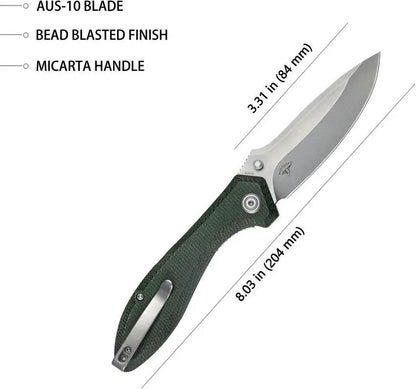 Kubey Ruckus Linerlock Grn Mic KU314N - Green Canvas Micarta Handle, 3.5 Inch AUS-10A Stonewash Blade, 4.75 Inch Closed by Kubey