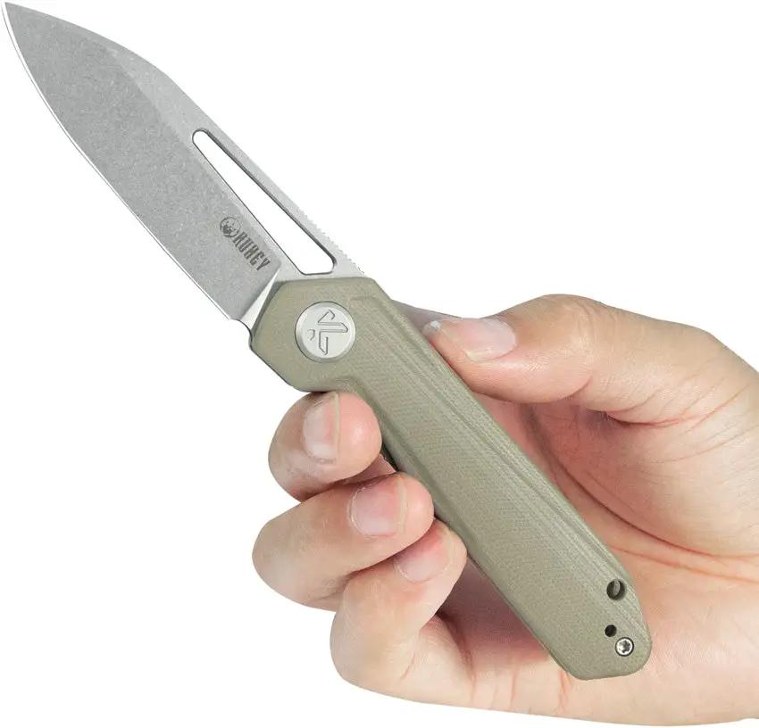 Kubey Royal Linerlock Tan KU321Q - 3 Inch Satin 14C28N Sandvik Blade, Tan G10 Handle, Extended Tang by Kubey