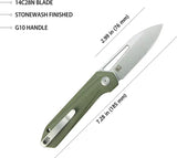 Kubey Royal Linerlock Knife - OD Green G10 Handle, 3 Inch Stonewashed 14C28N Blade, Extended Tang by Kubey