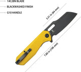 Kubey Atlas Linerlock - Black Stonewash 14C28N Blade With Yellow G10 Handle Extended Tang Pocket Clip by Kubey