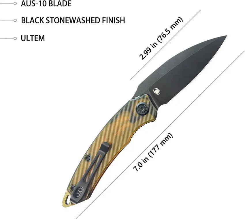 Kubey Leaf Linerlock - Black Ultem Handle Knife With Extended Tang And Pocket Clip For EDC AUS-10A Stainless Blade by Kubey