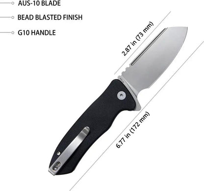 Kubey Creon Button Lock Black KU336E - AUS-10A Stainless Blade Bead Blast Finish With Black G10 Handle by Kubey