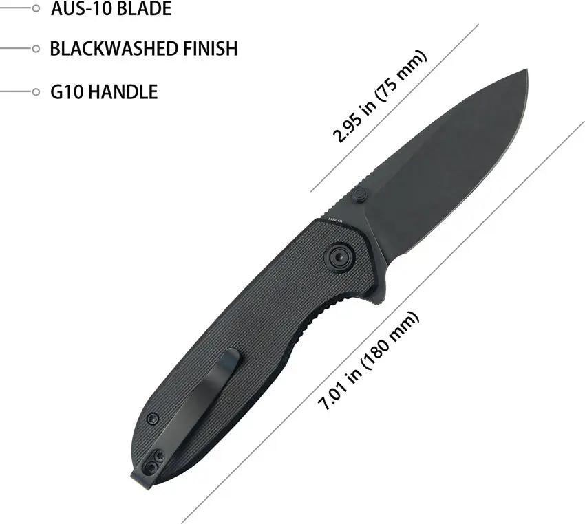 Kubey Belus EDC Linerlock Black G10 Handle AUS-10A Blade Extended Tang - Compact EDC Knife by Kubey
