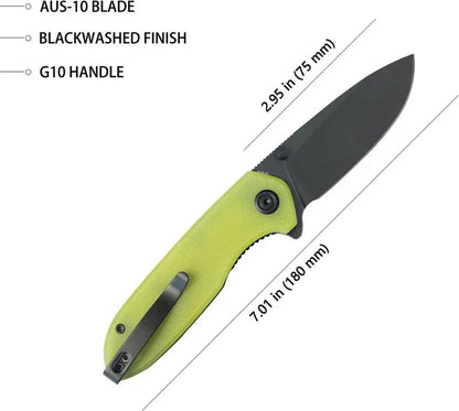 Kubey Belus EDC Linerlock Knife - Yellow G10 Handle, AUS-10A Blade, Extended Tang, Pocket Clip by Kubey