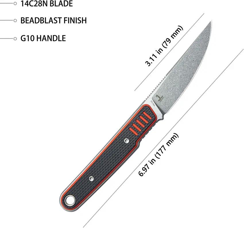 Kubey JL Fixie Fixed Blade Knife - 14C28N Sandvik Stainless, Black Red G10 Handle, Full Tang, Kydex Sheath by Kubey