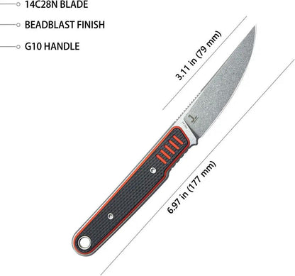 Kubey JL Fixie Fixed Blade Knife - 14C28N Sandvik Stainless, Black Red G10 Handle, Full Tang, Kydex Sheath by Kubey