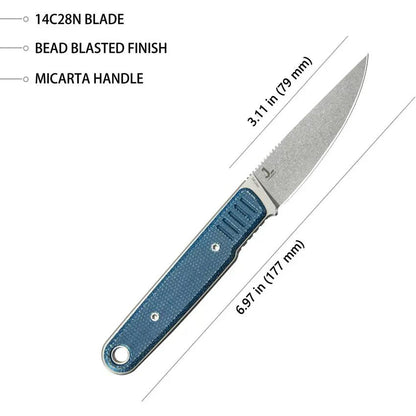 Kubey JL Fixed Blade Knife - Blue Canvas Micarta Handle, Full Tang, 7 Inch Overall, 14C28N Sandvik Blade, Kydex Sheath by Kubey