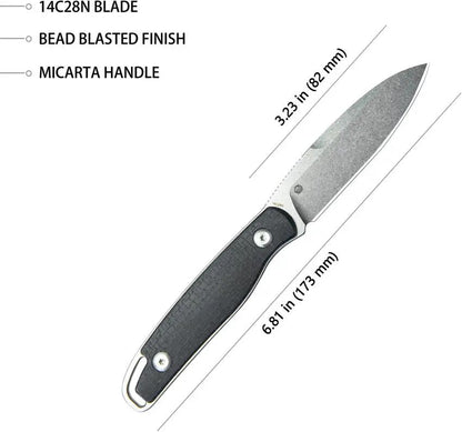 Kubey Dust Devil Fixed Blade Knife - 8 Inch Overall, 3.25 Inch Spear Point Blade, 14C28N Sandvik Black Micarta Handle by Kubey