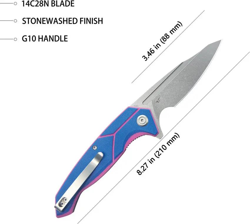 Kubey RBC-1 Outdoor Linerlock - Stonewash Sandvik 14C28N Stainless Blade With Blue Pink G10 Handles by Kubey
