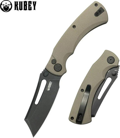 Kubey Dheo EDC Button Lock Tan KU378D - Wharncliffe Blade, Tan G10 Handle, Pocket Clip by Kubey