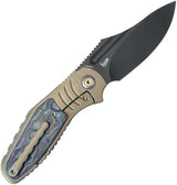 Kubey Stroller Framelock KB384C CPM 20CV Blade Bronze Stonewash Titanium Handle Blue Camo Carbon Inlay Extended Tang by Kubey