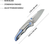 Kubey Steeltle Framelock Knife - Bohler M390 Blade With Gray Titanium Handle Pocket Clip And Blue Accents by Kubey