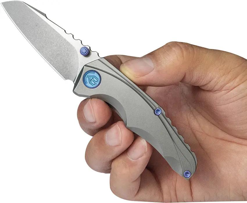 Kubey Steeltle Framelock Knife - Bohler M390 Blade With Gray Titanium Handle Pocket Clip And Blue Accents by Kubey