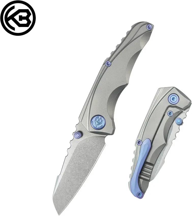Kubey Steeltle Framelock Knife - Bohler M390 Blade With Gray Titanium Handle Pocket Clip And Blue Accents by Kubey