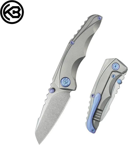 Kubey Steeltle Framelock Knife - Bohler M390 Blade With Gray Titanium Handle Pocket Clip And Blue Accents by Kubey