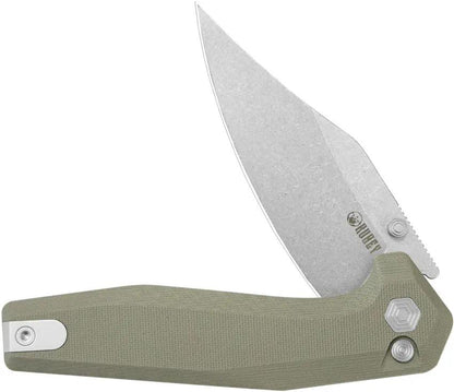 Kubey Hades Button Lock Tan KU394C - Stonewash 3.75in Clip Point Blade, Tan G10 Handle, Thumb Stud by Kubey
