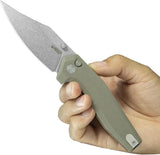 Kubey Hades Button Lock Tan KU394C - Stonewash 3.75in Clip Point Blade, Tan G10 Handle, Thumb Stud by Kubey