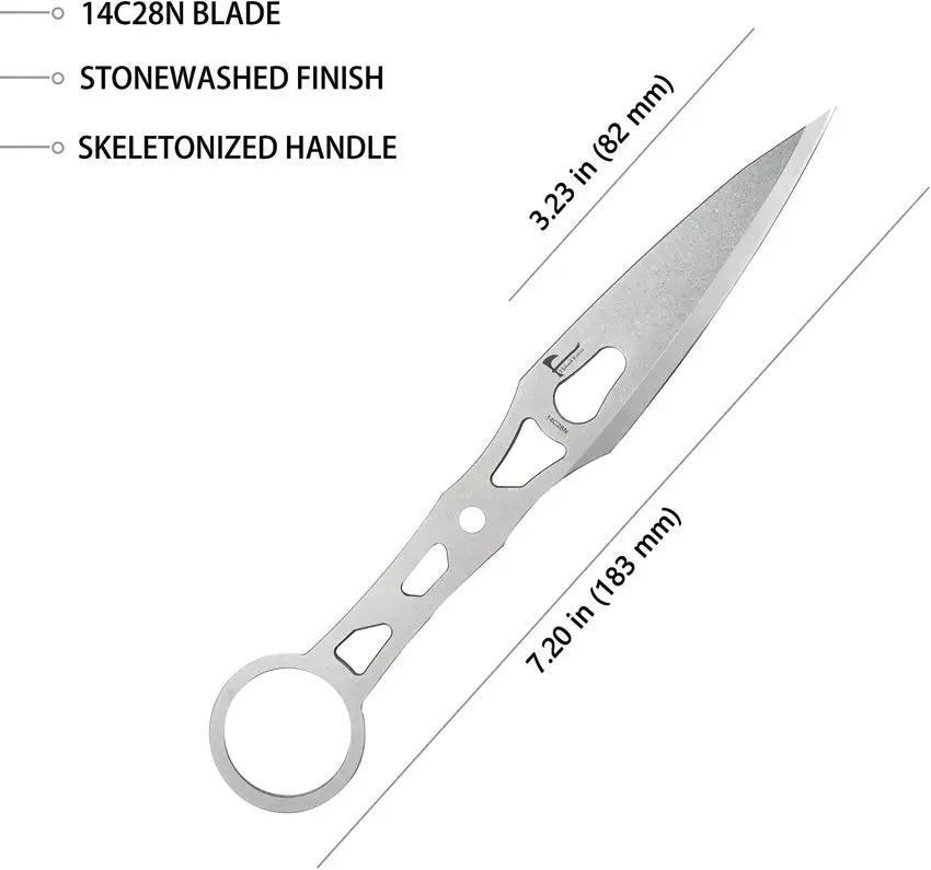 Kubey Kunai KU401 Fixed Blade - 3.25 Inch 14C28N Stainless Blade Skeletonized Handle Finger Ring Kydex Sheath by Kubey