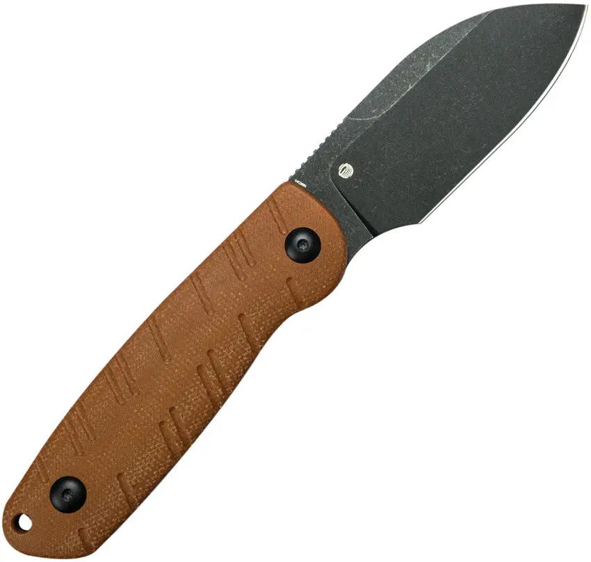 Kubey Microburst Fixed Blade - Brown Micarta Handle, 3 Inch BlackWash 14C28N Sheepsfoot Blade by Kubey