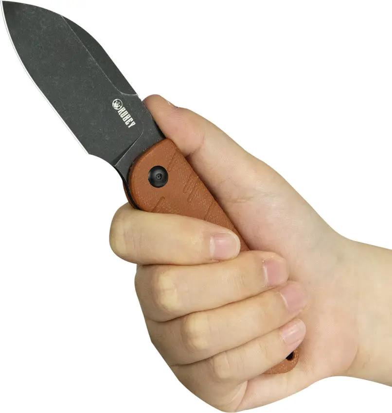 Kubey Microburst Fixed Blade - Brown Micarta Handle, 3 Inch BlackWash 14C28N Sheepsfoot Blade by Kubey