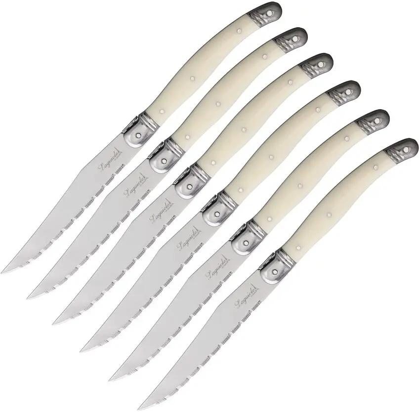 Laguiole 6 Piece Steak Knife Set White - Satin Serrated Blades With White Synthetic Handles In Presentation Box by Laguiole