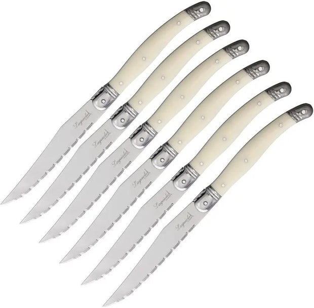 Laguiole 6 Piece Steak Knife Set White - Satin Serrated Blades With White Synthetic Handles In Presentation Box by Laguiole