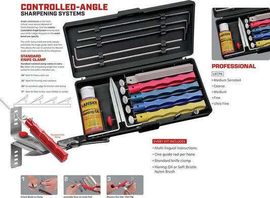 Lansky Professional Sharpening System Knife Kit With Coarse To Ultra Fine Hones And Serrated Stone For Chefs by Lansky