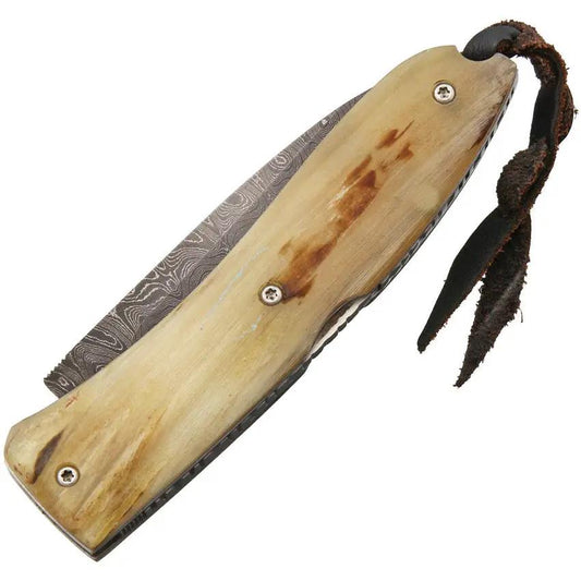LionSteel Opera Damascus Ram Horn Folding Knife Premium Craftsmanship Lockback With Leather Lanyard For Collectors by LionSTEEL