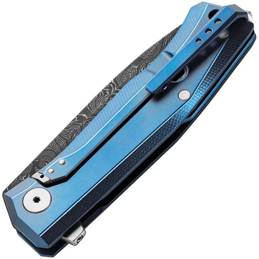 LionSTEEL Myto Framelock Damascus Knife Chad Nichols Blue Raindrop Damascus Blade Titanium Handle EDC by LionSTEEL