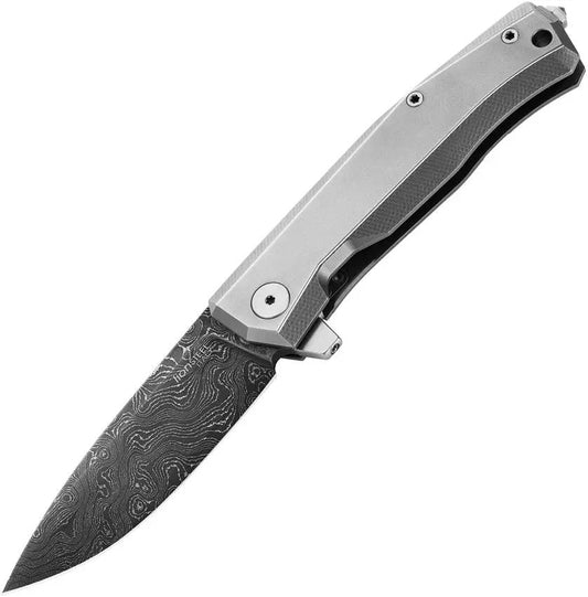 LionSteel Myto Framelock Damascus Gray Titanium Handle With Extended Tang And Glass Breaker For EDC Enthusiasts by LionSTEEL