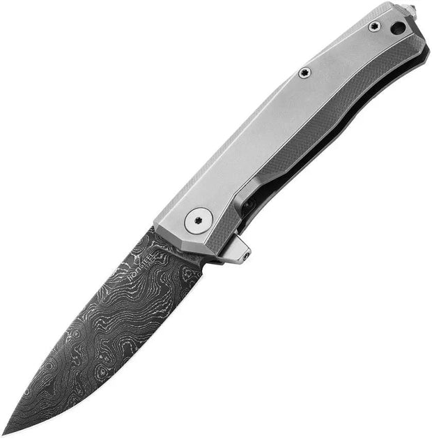 LionSteel Myto Framelock Damascus Gray Titanium Handle With Extended Tang And Glass Breaker For EDC Enthusiasts by LionSTEEL