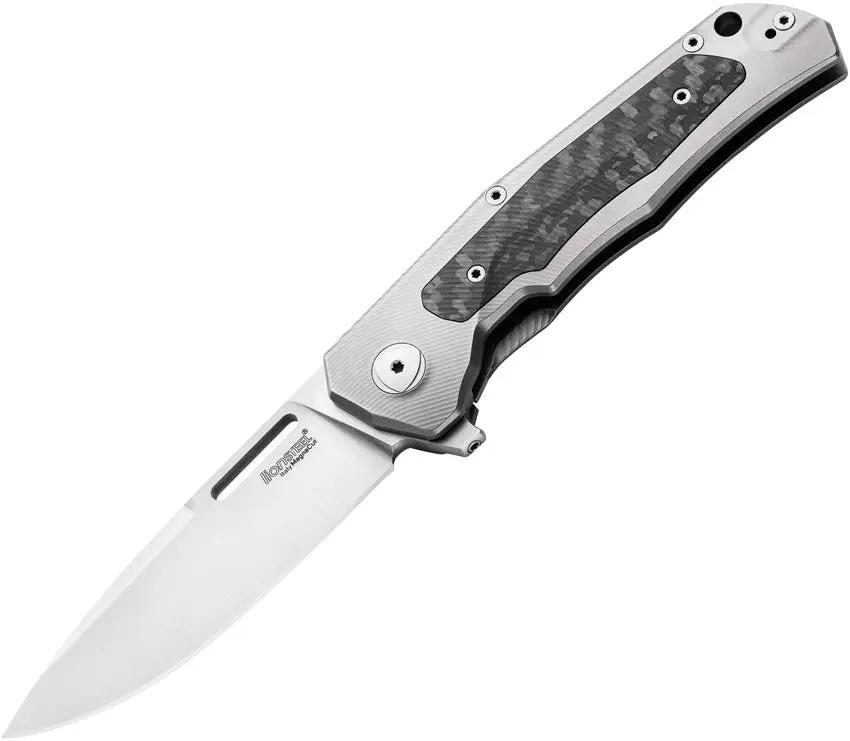 LionSteel Q4TTRO Framelock Knife 3.25in MagnaCut Satin Blade Gray Titanium With Carbon Fiber Inlay 4.5in Closed EDC by LionSTEEL
