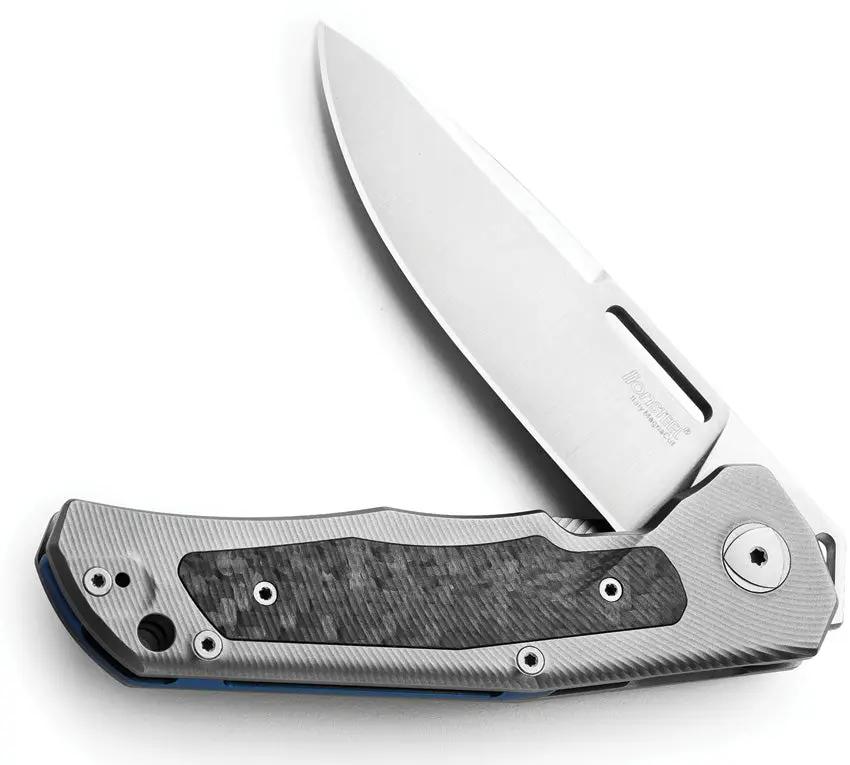 LionSteel Q4TTRO Framelock Knife 3.25in MagnaCut Satin Blade Gray Titanium With Carbon Fiber Inlay 4.5in Closed EDC by LionSTEEL