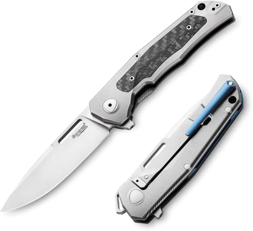 LionSteel Q4TTRO Framelock Knife 3.25in MagnaCut Satin Blade Gray Titanium With Carbon Fiber Inlay 4.5in Closed EDC by LionSTEEL