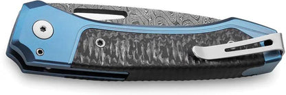 LionSteel Twain Button Lock Damascus Folding Knife For EDC Enthusiasts With Blue Titanium Handle And Carbon Fiber Inlay by LionSTEEL