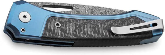 LionSteel Twain Button Lock Damascus Folding Knife For EDC Enthusiasts With Blue Titanium Handle And Carbon Fiber Inlay by LionSTEEL