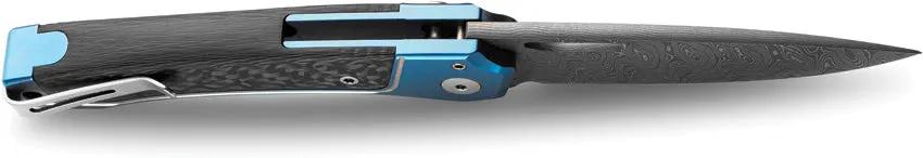 LionSteel Twain Button Lock Damascus Folding Knife For EDC Enthusiasts With Blue Titanium Handle And Carbon Fiber Inlay by LionSTEEL