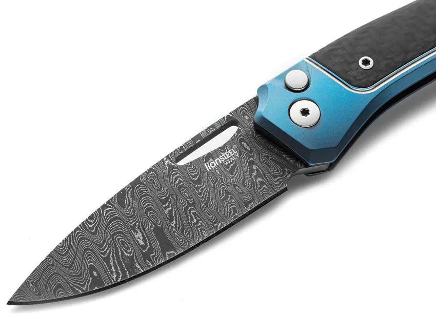 LionSteel Twain Button Lock Damascus Folding Knife For EDC Enthusiasts With Blue Titanium Handle And Carbon Fiber Inlay by LionSTEEL