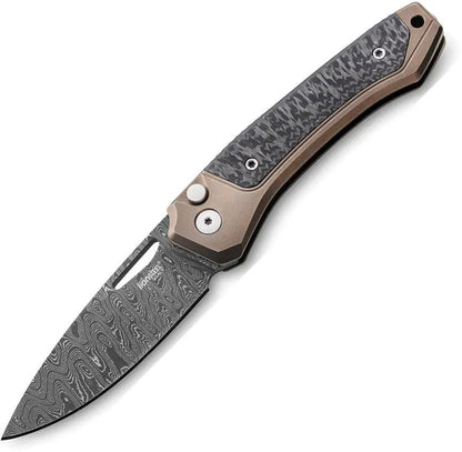 LionSteel Twain Button Lock Damascus Knife For EDC Enthusiasts With Bronze Titanium Handle And Carbon Fiber Inlay by LionSTEEL