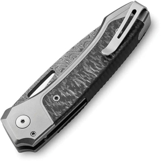 LionSteel Twain Button Lock Damascus Knife For EDC Enthusiasts Premium Gray Titanium Handle Scrambled Pattern Blade by LionSTEEL