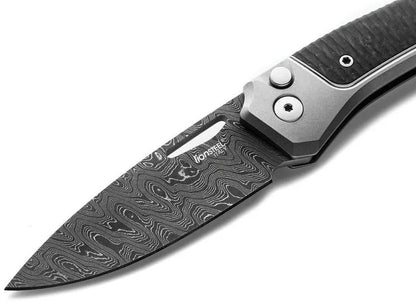 LionSteel Twain Button Lock Damascus Knife For EDC Enthusiasts Premium Gray Titanium Handle Scrambled Pattern Blade by LionSTEEL