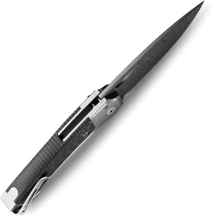 LionSteel Twain Button Lock Damascus Knife For EDC Enthusiasts Premium Gray Titanium Handle Scrambled Pattern Blade by LionSTEEL