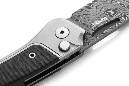 LionSteel Twain Button Lock Damascus Knife For EDC Enthusiasts Premium Gray Titanium Handle Scrambled Pattern Blade by LionSTEEL